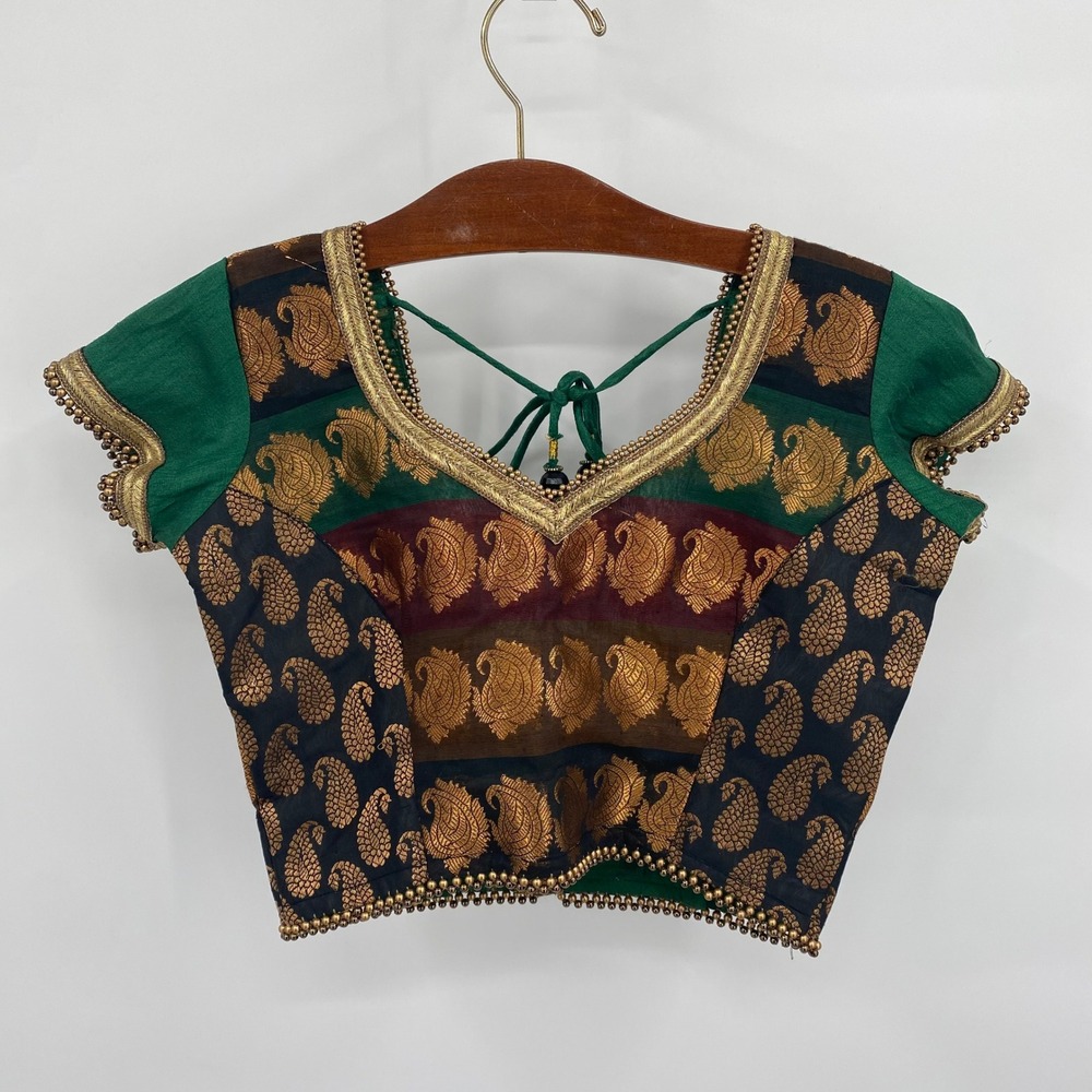 Indian Embellished Paisley Womens XS‎ Print Blouse Green Gold Top Tie Back